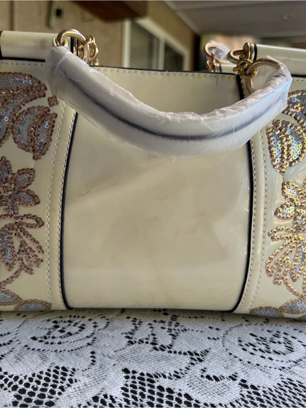 Cream Sequin Floral Satchel with Gold-Tone Accents